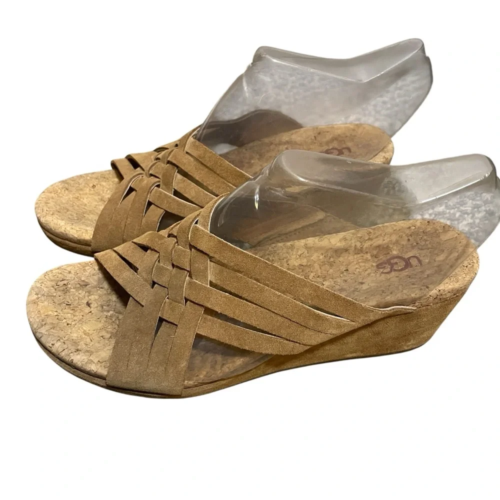 UGG Lilah Wedge Chestnut Brown Suede Cork Strappy Sandals Slip On